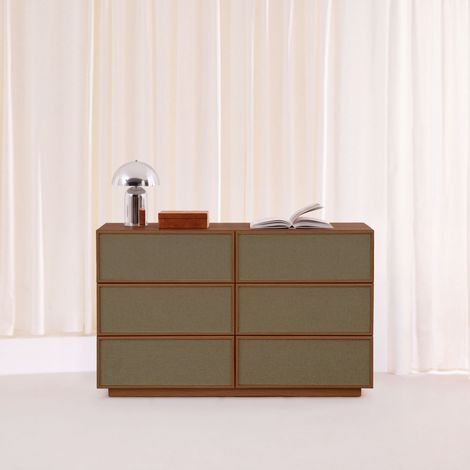 sweeek - Commode de rangement décor bois et tissu 6 tiroirs noyer - Kuba (1/5)