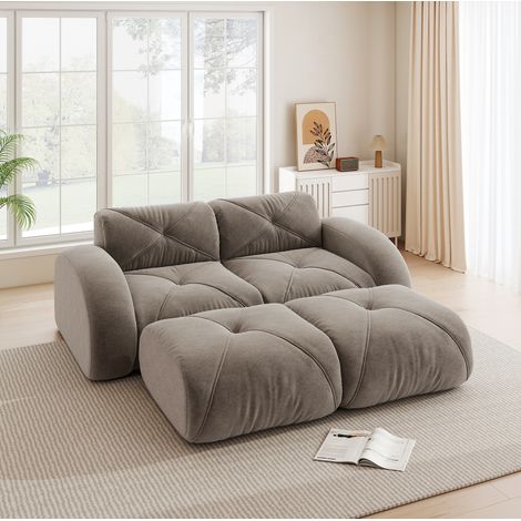 Divano modulare 2 posti senza struttura in ciniglia tortora, con due pouf, 204 cm (1/5)