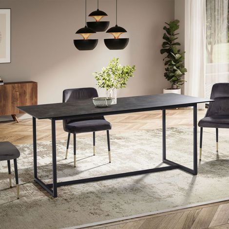 Table repas 180x90x76 cm effet marbre noir et pied métal - BLUNSKI
