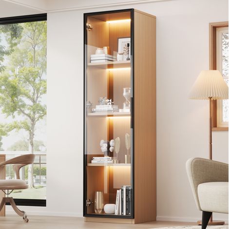 Vetrina alta 40x40x165 cm in MDF effetto rovere, LED multicolore, salvaspazio – MEUBLIV (1/5)