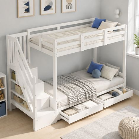 Lit mezzanine 90x200 cm en bois blanc, rangement gain de place, sans matelas – MEUBLIV (1/5)