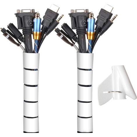 Cache Cable 2 Pack, Flexible Range Câble 2x1.5m PE Câble Rangement Organisateur de Câble pour Ranger ou Cacher Les câbles, Gaine pour câbles(2.6cm Ø et 2.2cmØ),Blanc (1/5)
