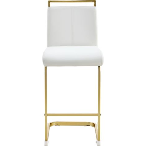 Lot de 2 tabourets de bar en simili cuir blanc avec pieds métalliques dorés - Hauteur totale 96,5 cm (1/5)