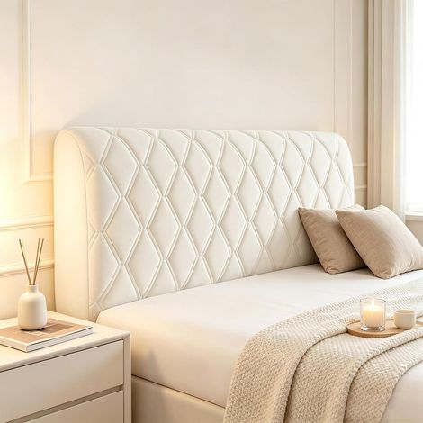Housse de tête de lit matelassée épaisse avec rembourrage - Anti-poussière - Extensible - Lavable - Pour 180,200 cm (crème, 200 cm, géométrie) (1/5)