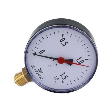 Manómetro de calefacción RF 100 RAD, fi 100 mm, 0-1,6 bar, 1/2 pulgada rad, clase 2,5 vertical