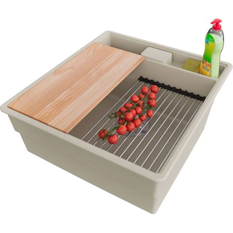 PRIMAGRAN Evier Cuisine en Granit 48x53cm,Lavabo 1 bac + Kit de Vidage + Accessoires, Évier à Encastrer au meuble 50cm - New York, Beige (1/5)