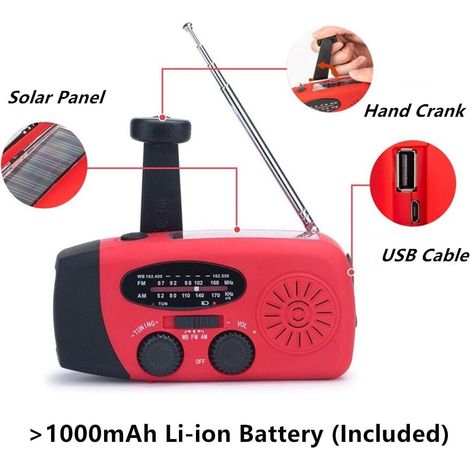 Radio FM/AM d'urgence portable à remontage manuel et à énergie solaire avec alerte SOS.