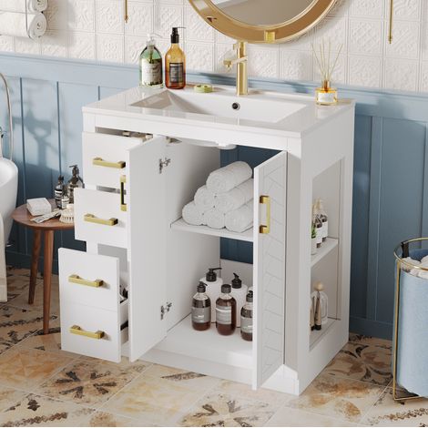 Meuble sous vasque blanc avec vasque céramique, 3 tiroirs et rangement latéral, 76,5×46,5×84,5 cm (1/5)