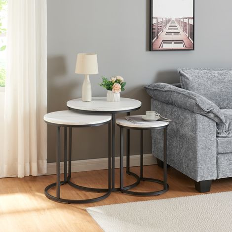 Set Ulricehamn di 3 Tavolini Rotondi Sovrapponibili - Effetto Marmo Bianco [en.casa]