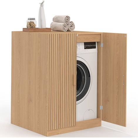 Waschmaschinenschrank mit Türen JULIETTE mit Latteneffekt und Holzleisten, eichenfarbig (1/5)