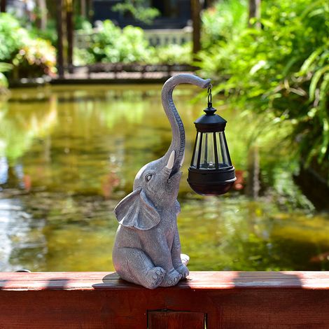 Lanterne solaire décorative avec statue d'éléphant en résine, ornement extérieur pour jardin terrasse et balcon, lumière chaude, résine gris, étanche (1/3)