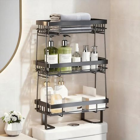 Étagère rangement WC 3 niveaux avec crochets, fixation au-dessus des toilettes sans perçage, organisateur salle de bain noir compact (1/5)