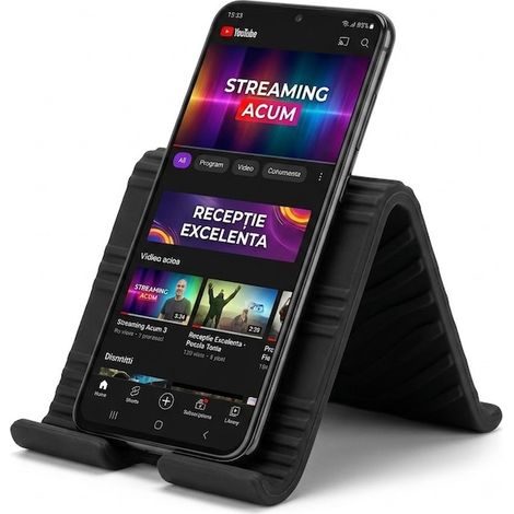 Supporto universale multifunzionale in silicone per telefoni e tablet, utilizzabile anche come supporto portatile per computer, favorisce il raffreddamento, è pieghevole e arrotolabile, di colore nero (1/5)