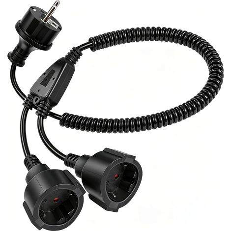 Câble de Extension Spiralé 2M, Fiche Double pour Prise, Extensible de 0,75M à 2M Max, IP44 Protection pour Intérieur et Extérieur, 16A/250V/4000W, Noir (1/5)
