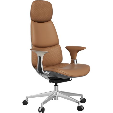 Chaise de bureau en cuir marron, réglable et inclinable jusqu'à 135°, mécanisme 3 leviers, assise coulissante, piètement aluminium et roulettes silencieuses – CHICFURN (1/5)