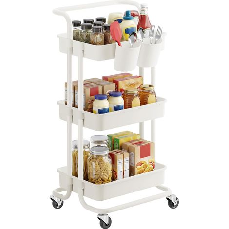 Chariot rangement 3 niveaux blanc mobile avec roulettes, crochets et bacs suspendus, meuble compact pour snacks, cuisine et chambre (1/5)
