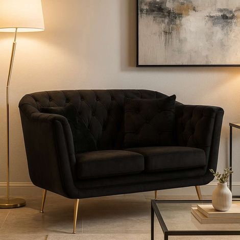 Sofá Fijo 2 Plazas Diskit, Efecto Terciopelo Acolchado, Reposabrazos, Cojines Incluidos, 130x83x91h cm Negro (1/5)