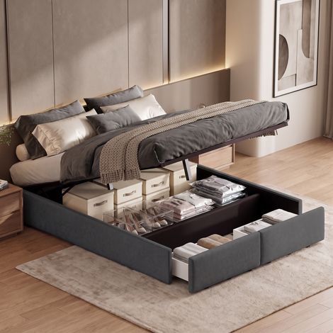 Cama canapé tapizada 140x200 cm sin cabecero con somier de láminas almacenamiento hidráulico y 2 cajones de lino gris (1/5)