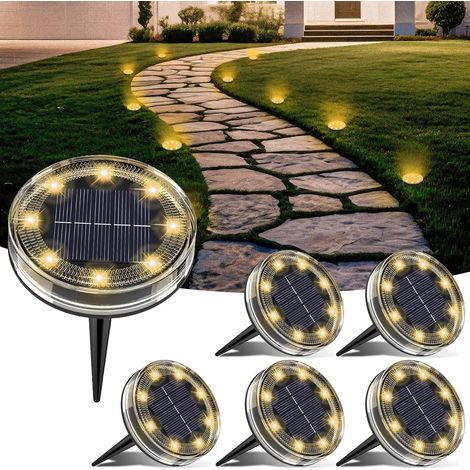 Lot de 6 Lampe Solaire Au Sol, 8 LED Lumiere Solaire Exterieur Jardin IP68 Étanche, Spot Solaire Extérieur pour Chemins Pelouse Terrasse Allée Cour Piscine Passerelle, Blanc Chaud (1/5)