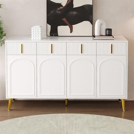 Buffet - GUTENT - 4 portes et 4 tiroirs - MDF blanc - Pieds et poignées dorés - Style moderne (1/5)