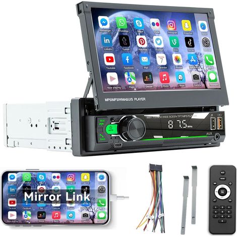 1-DIN-Autoradio mit motorisiertem 7-Zoll-einziehbarem Touchscreen, Autoradio mit freihändiger Bluetooth-Spiegelverbindung, FM-Radio-Lenkradsteuerung, Unterstützung von USB/AUX/Typ-C, Rückfahrkamera
