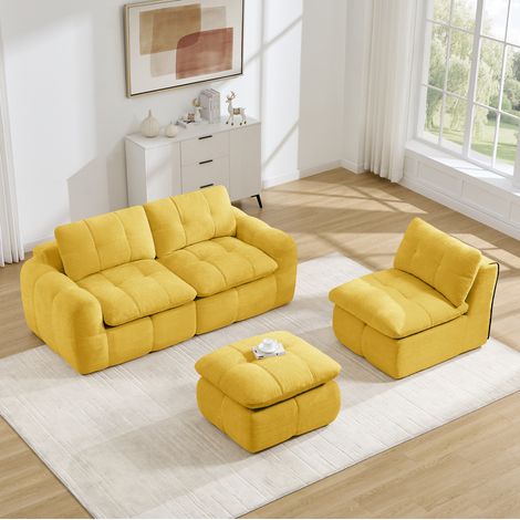Modulares Ecksofa 264x160x68 cm aus gelber Chenille mit Hocker – MEUBLIV (1/5)