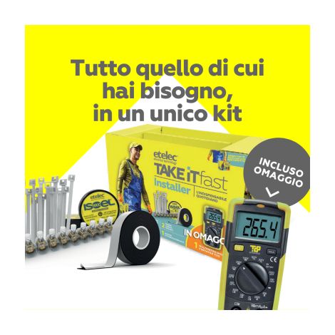 Kit 9 Confezioni di fascette bianche  2 Nastri adesivi isolanti  9 Stecche di morsetti a cappuccio  1 Nastro autoagglomerante  1 Multimetro digitale