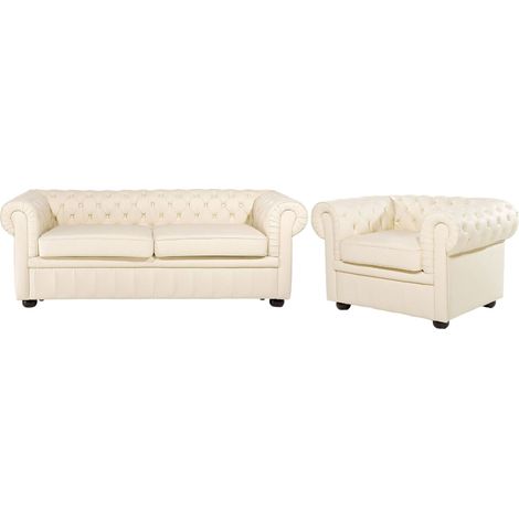 Living Room Set 4 Seater CHESTERFIELD Leather Light Beige