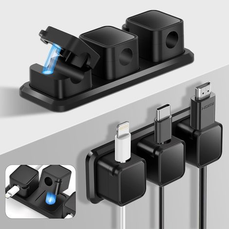 Clips Câble Organisateur Bureau, 6 Pcs Organisateurs de Câbles Magnétiques avec 2 Pcs Base Fixe, Range Câbles Silicone Fixe pour Câbles de Chargeur/Souris/Écouteur/Ustensiles de Cuisine, Noir (1/5)