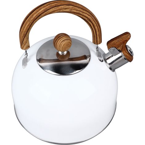 Bouilloire sifflante 2,5 L en acier inoxydable, résistante à la rouille, fond plat, blanche (1/5)