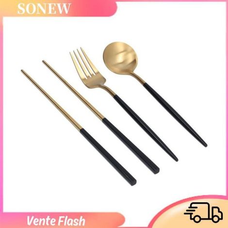 Sonew Ustensiles de voyage Ensemble De Couverts En Acier Inoxydable Portables table fourchette Or noir (boîte de rangement noire) (1/5)