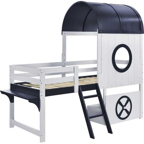 Lit mezzanine, lit mi-hauteur, lit enfant avec toit et fenêtre, tiroir inférieur à roulettes, échelle inclinée pratique à deux niveaux, pin + MDF + contreplaqué, blanc + bleu foncé, 90x200cm (1/5)