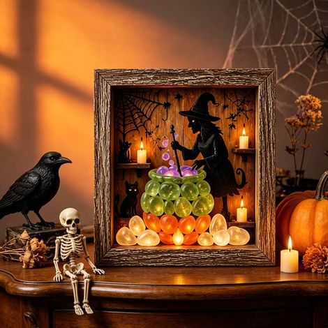 Halloween Shadow Box Kit, Lampe Halloween Chaudron de Sorcière LED Format A4, Décoration Magique, Secteur