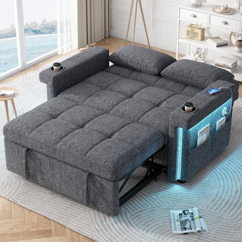 Sofá cama convertible 2 plazas con somier - 145x141.5x90 cm - sofá de salón con led y usb - chenilla - gris (1/5)