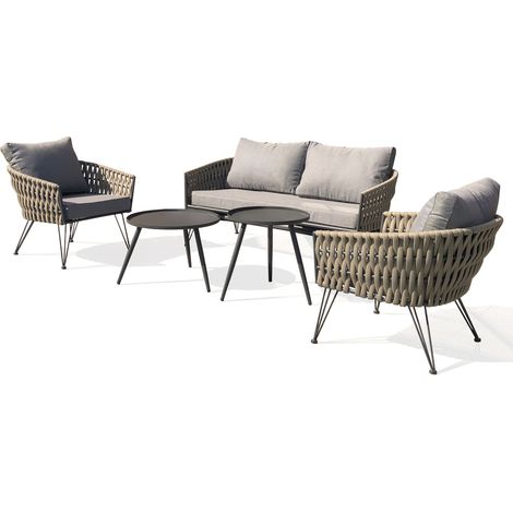 Dcb Garden – Salon de jardin 4 places en corde tissée et acier – Canapé courbé avec 2 tables gigognes – Coussins déhoussables inclus
