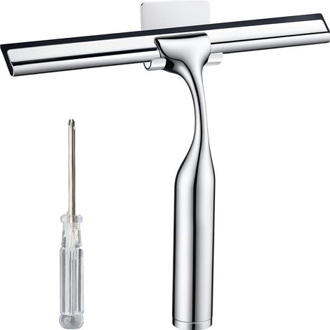 Raclette Douche, 25,6cm Raclettes de Douche avec Support, Raclette Vitre INOX, avec Tournevis et Crochet Adhésif, Nettoyage sans Traces, pour Salle de Bain, Miroir, Vitre de Voiture (1/5)