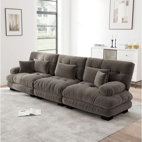 Canapé d’angle modulaire 3 places en chenille marron, assise profonde, composition en L, U ou droite (1/5)