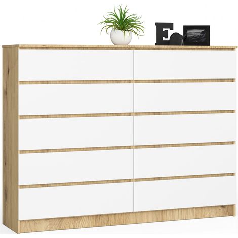 Cómoda AKORD K160 Roble Artisan 160 cm 10 cajones frente en color Blanco 160x40x121 cm