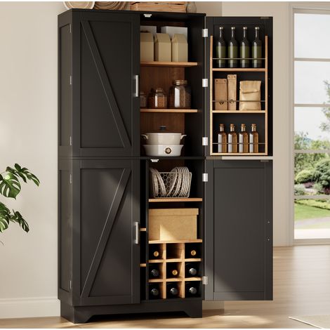 Mueble alto de cocina 80 x 40 x 180 cm, 4 puertas estilo granero, negro y natural (1/5)