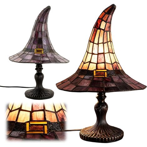 Lampe en forme de chapeau de sorcière 2026 fabriquée à la main en résine teintée - Alimentée par USB - Éclairage rétro effrayant pour chambre à coucher, bibliothèque et décoration d'intérieur (1/5)