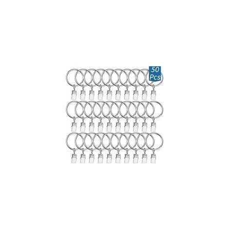 Anneaux de rideaux métalliques argentés, lot de 50 pièces, avec pinces robustes et antirouille pour tringles à rideaux (1/5)