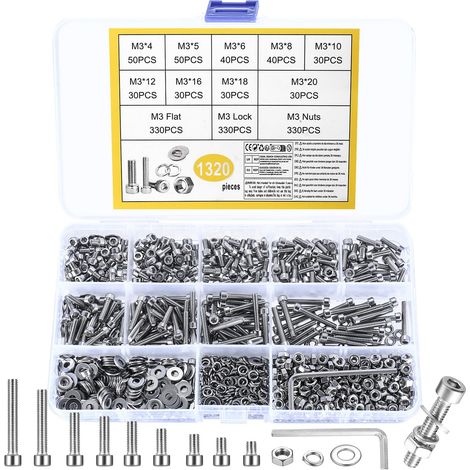 1320 Pièces vis six pans creux M3 inox, kit boulons écrous rondelles Visserie polyvalente en acier inoxydable, idéale pour réparations et montages bricolage (1/5)