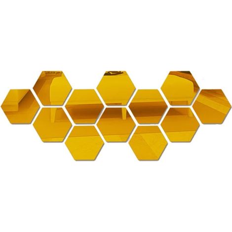 Autocollants muraux miroir - Miroir hexagonal - Pour décoration murale DIY - (Doré, Moyen 126 x 110 x 63 mm) (1/4)