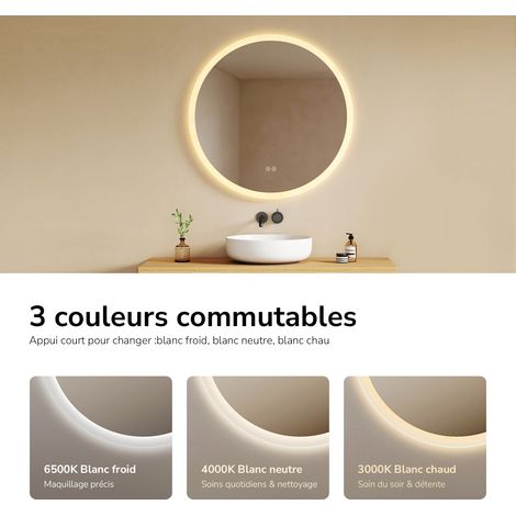 EMKE Miroir salle de bain rond avec éclairage avec Interrupteur tactile, Anti-buée, 3 Couleurs de lumière, Dimmable, Fonction mémoire, 80cm diamètre