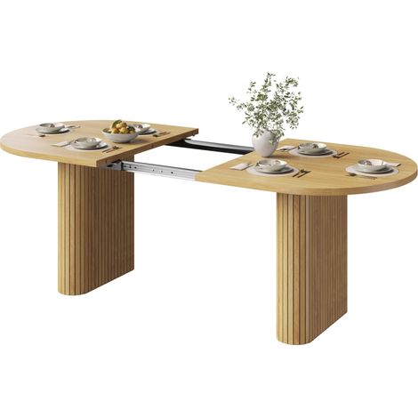 CHICFURN Mesa de comedor extensible ovalada 120-160 cm, tablero de MDF y patas metálicas con estructura vertical, 3 colores: madera clara, marrón o negro (1/5)