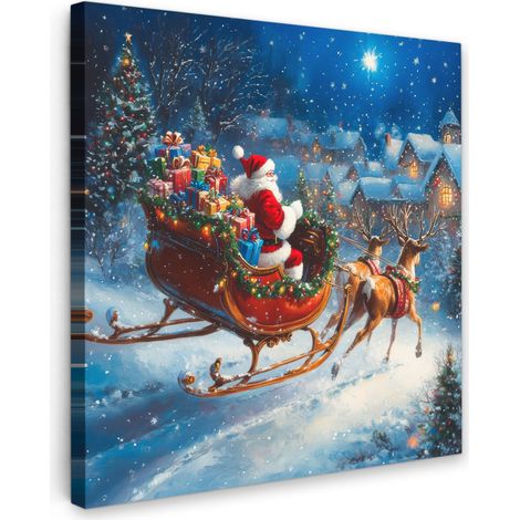 TABLEAU SUR TOILE Père Noël - Renne - Noël - Neige Tableau Chambre Adulte 90x90 cm