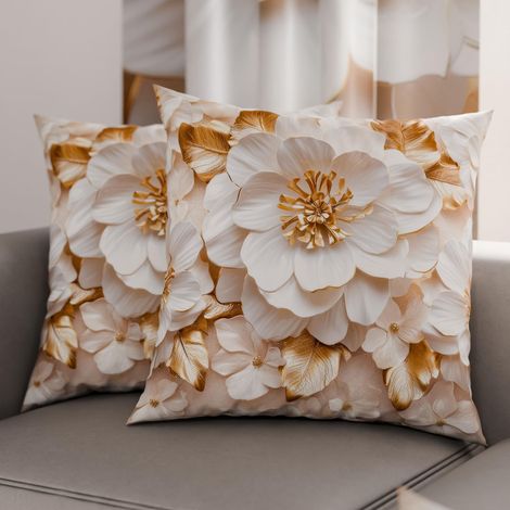 Lot de 2 Taies d'Oreillers 60x60 cm 100% Microfibre Hypoallergénique, Housse Oreiller Rectangulaire Motif Floral Blanc Doré, Paquet de 2 (1/3)