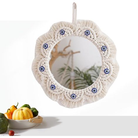 Miroir mural en macramé avec franges, rond, fait à la main, style bohème, décoration murale tissée pour appartement, maison, chambre à coucher, salon (B) (1/5)