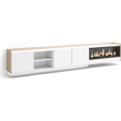 Skraut Home - Mueble TV, Televisión, Muebles de salón, almacenaje, 315x35x50cm, Para TV hasta 80", Chimenea eléctrica XXL, Colgado, Suspendido, LED, Estilo Moderno, Blanco y roble soft (1/5)
