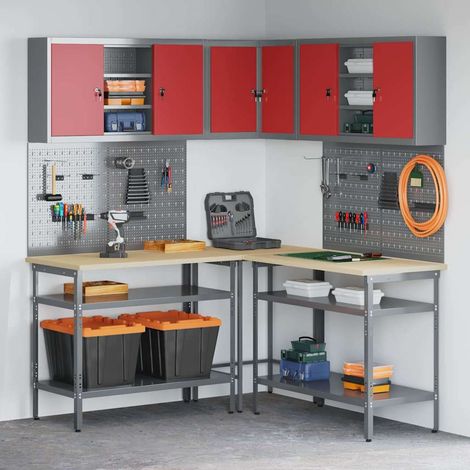 vidaXL Set di mobili da lavoro con lo scaffale 10 pz Rosso e Grigio (1/5)